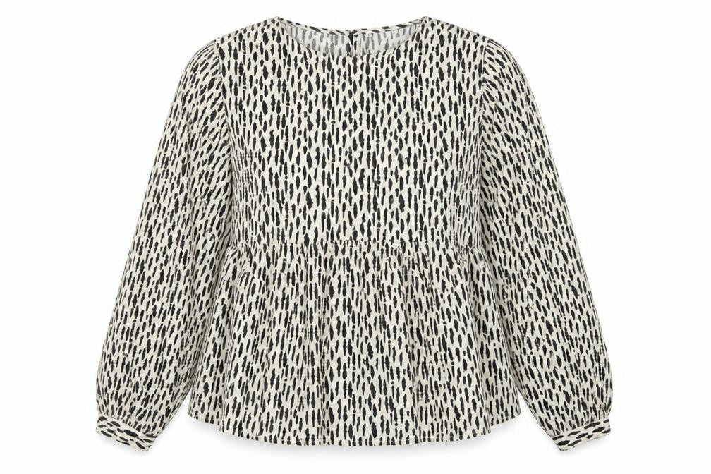 Front view of VILA women’s black animal print polyester basic blouse, size UK 14, round neck
