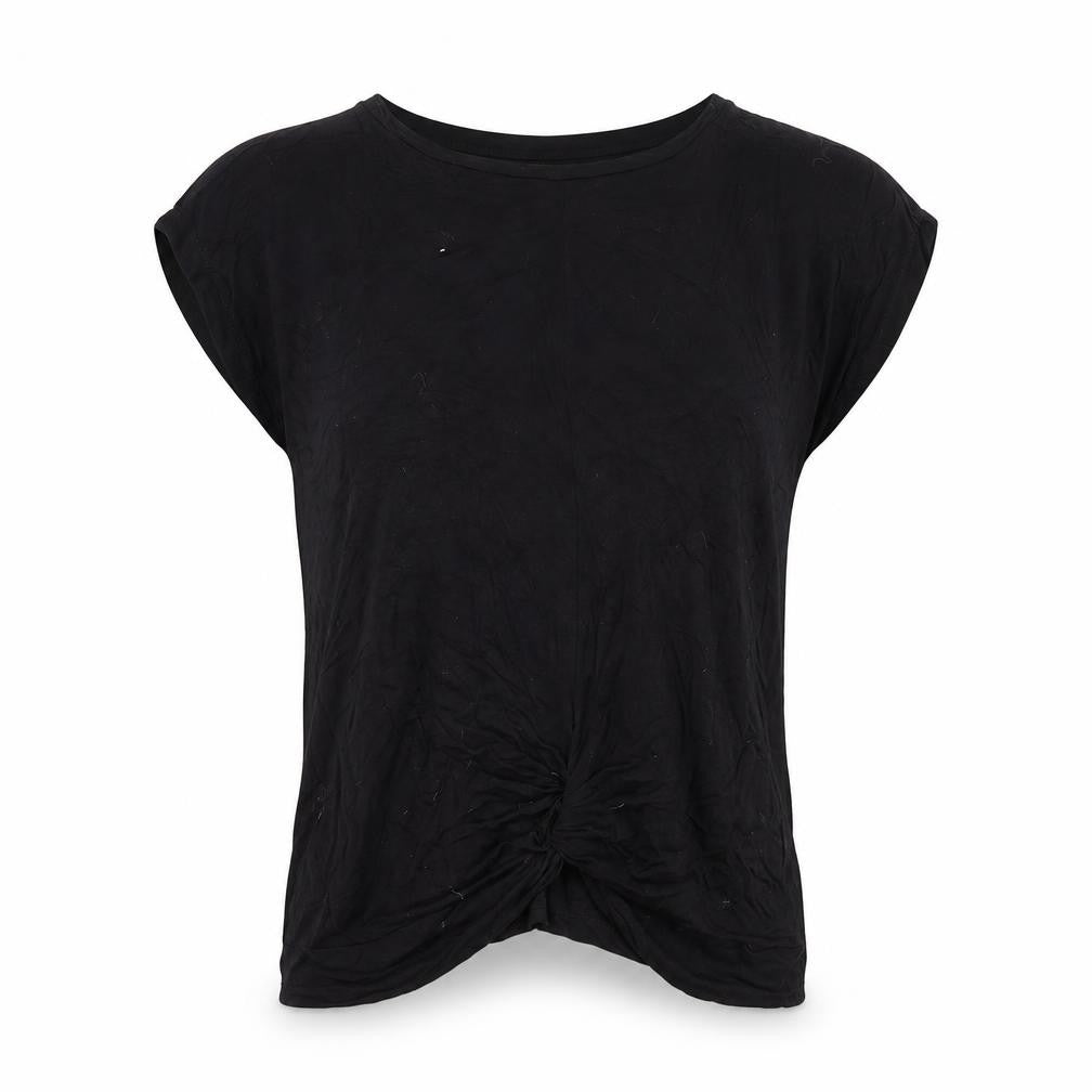 Front view of Peacocks women’s black viscose basic t-shirt, size UK 8, round neck