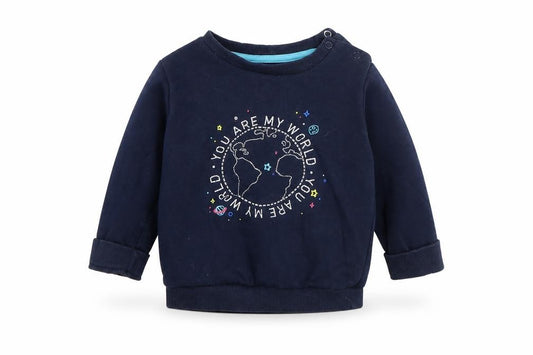 Front view of F&F boys’ blue cotton jumper, size 12-18, months
