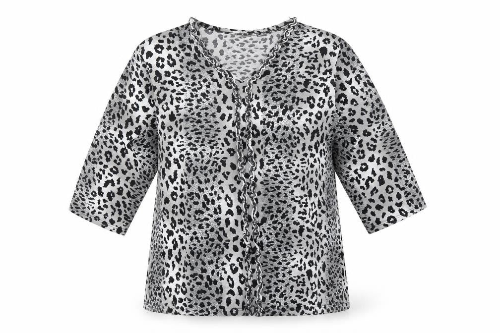 Front view of CANDA women’s multicoloured animal print basic t-shirt, size XL, v-neck