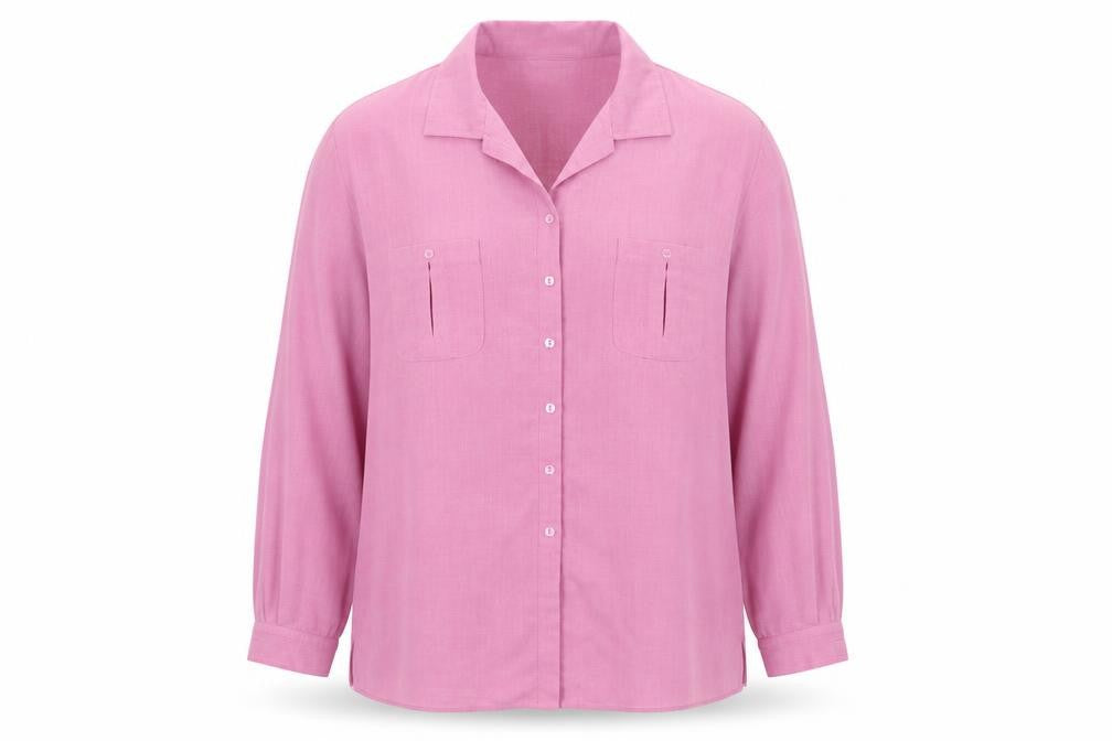 Front view of Berkertex women’s pink polyester basic button-up, size UK 24, collared - dusky pink trim to collar & pockets