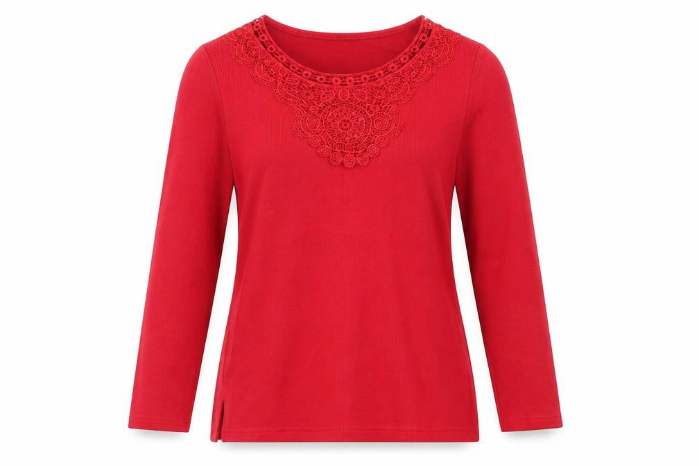 Front view of Bonmarché women’s red round neck polyester jumper, size S