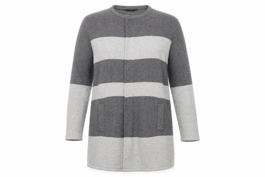 Front view of Dorothy Perkins women’s grey round neck striped acrylic cardigan jumper, size S