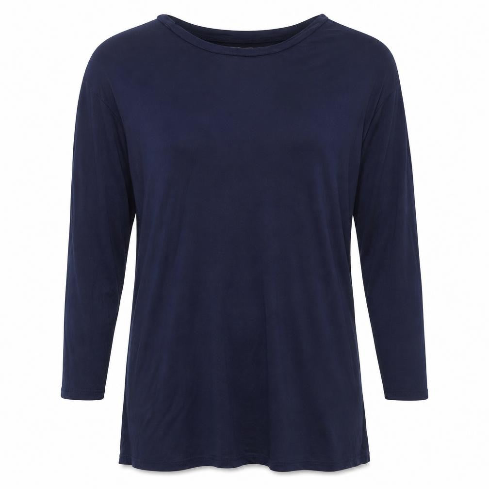 Front view of Anthology women’s blue viscose basic blouse, size UK 14, round neck