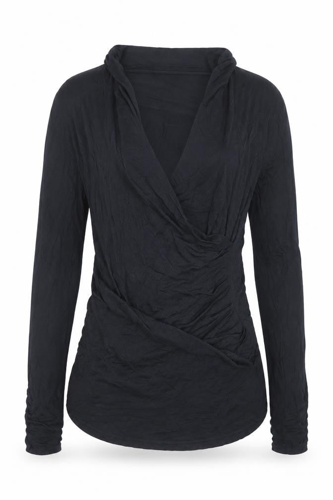 Front view of Mama-licious women’s blue viscose basic blouse, size S, v-neck