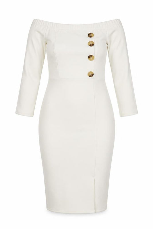 Front view of Style women’s white polyester a-line, size UK 8, off the shoulder