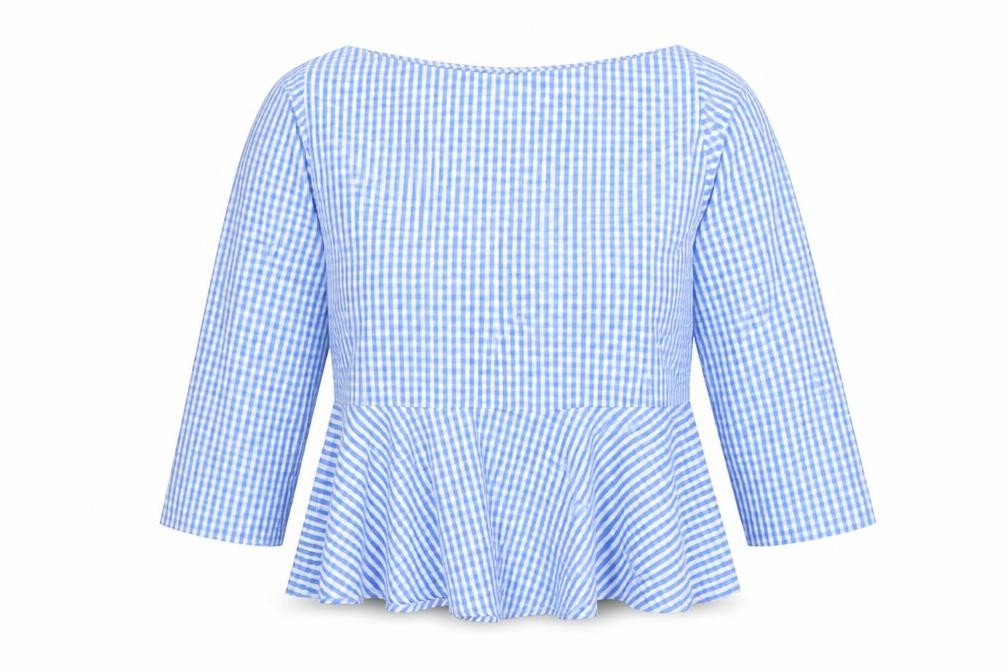 Front view of Fisherfield women’s blue plaid polyester blend basic blouse, size S, boat neck