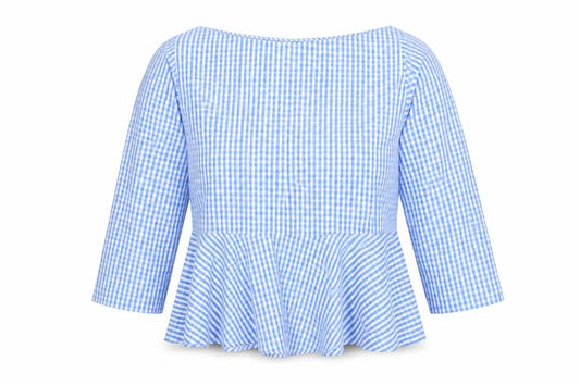 Front view of Fisherfield women’s blue plaid polyester blend basic blouse, size S, boat neck