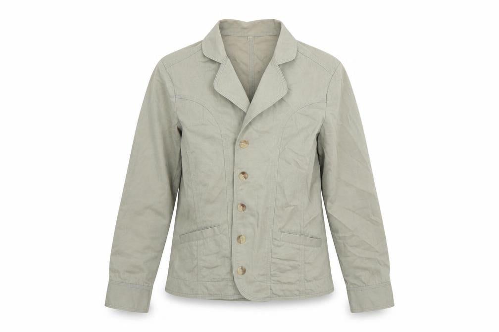 Front view of Preworn women’s green jacket, size UK 12, button