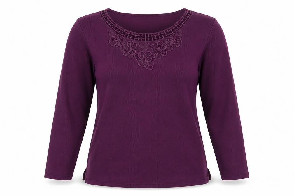 Front view of Bonmarché women’s purple round neck polyester jumper, size S