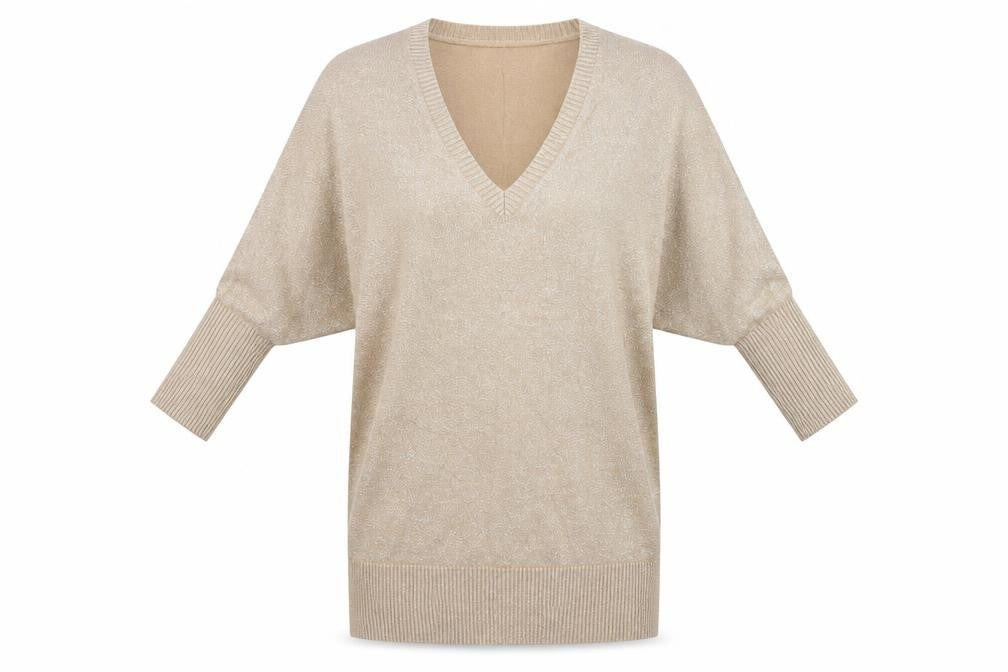 Front view of MNH women’s beige v-neck viscose jumper, size S