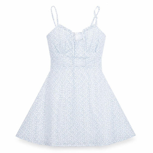 Front view of women’s blue floral polyester a-line, size L, square neck