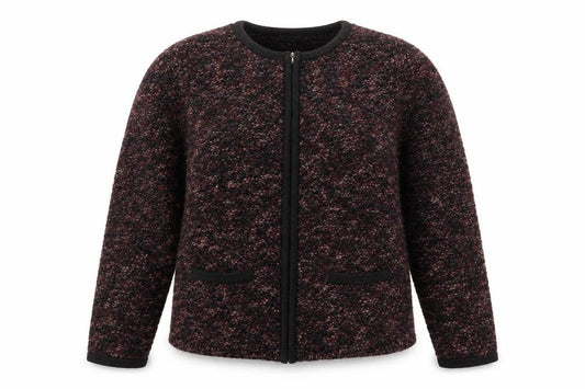 Front view of Marks & Spencer women’s red round neck acrylic full zip jumper, size UK 12