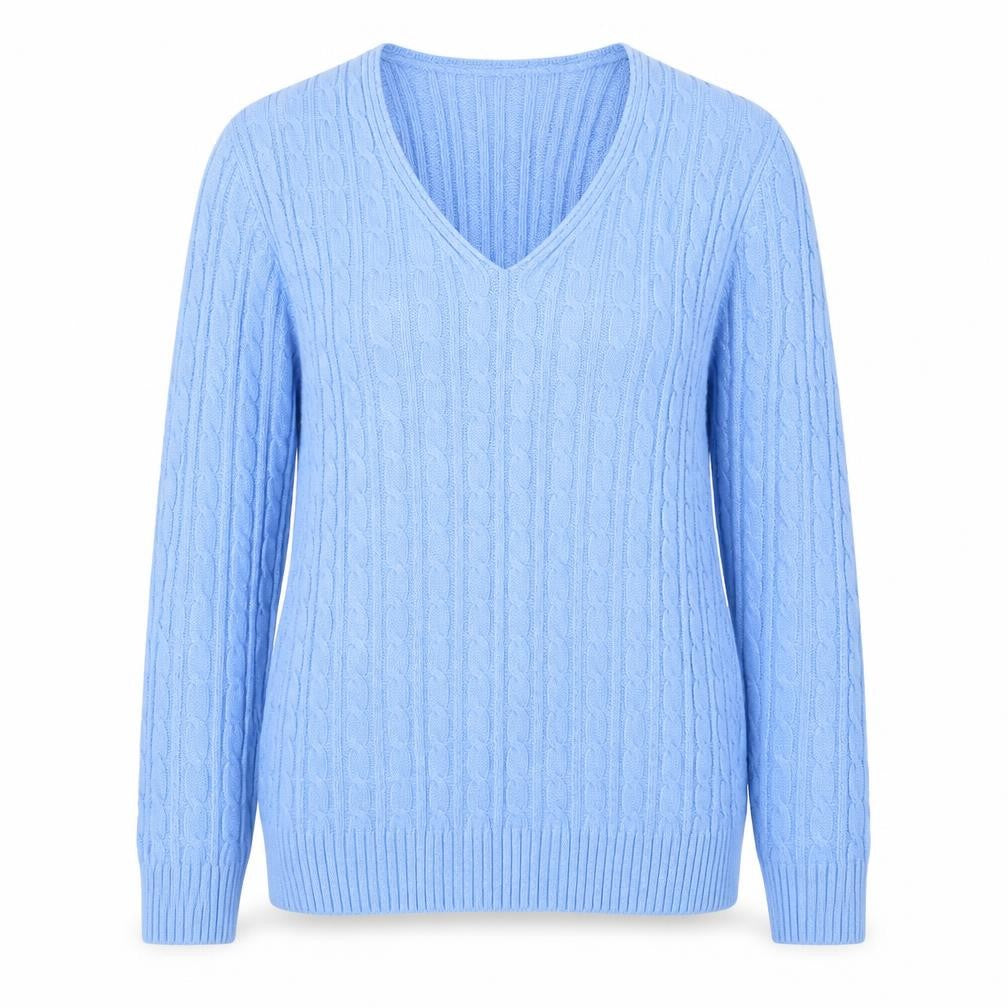 Front view of CHIC women’s blue v-neck acrylic jumper, size S