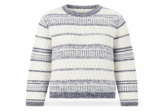 Front view of ES women’s multicoloured round neck striped polyester jumper, size UK 10