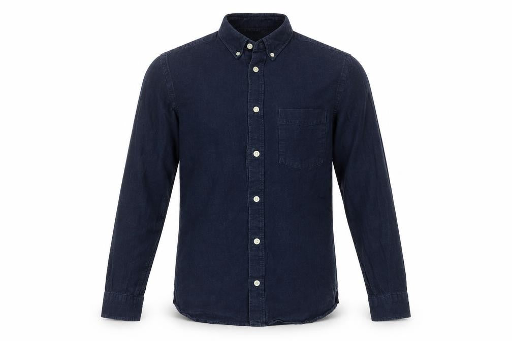 Front view of H&M men’s blue cotton button-up, size S, collared