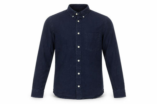 Front view of H&M men’s blue cotton button-up, size S, collared