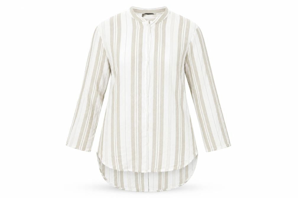 Front view of Atmosphere women’s green striped viscose basic button-up, size UK 12, collared