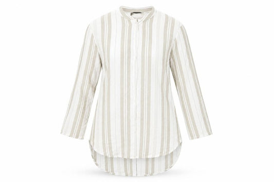 Front view of Atmosphere women’s green striped viscose basic button-up, size UK 12, collared
