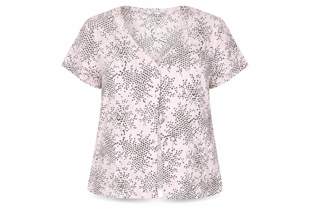 Front view of Gold women’s pink polka dot polyester basic button-up, size UK 14, collared