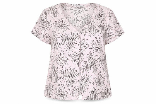 Front view of Gold women’s pink polka dot polyester basic button-up, size UK 14, collared