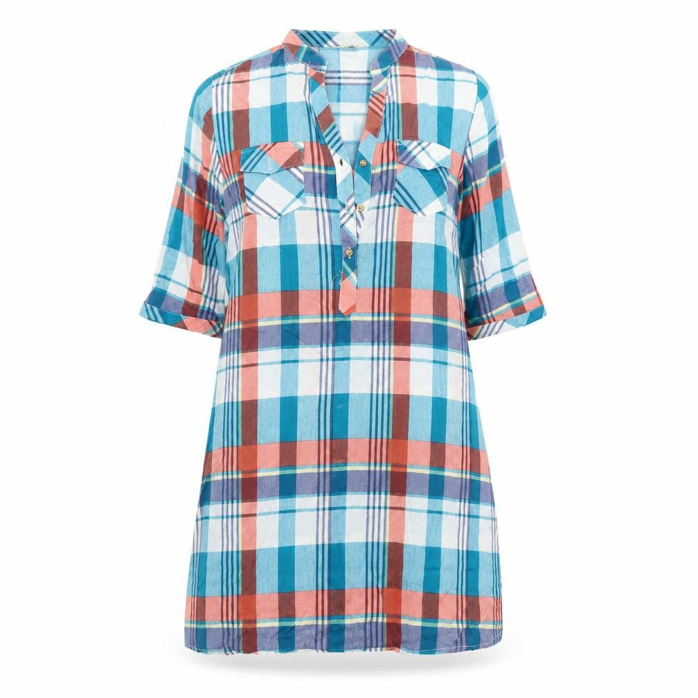 Preworn Womens Blue Plaid Viscose T-Shirt Dress  Size S  Round Neck