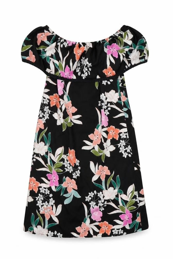 Front view of Primark women’s black floral polyester a-line, size UK 6, off the shoulder