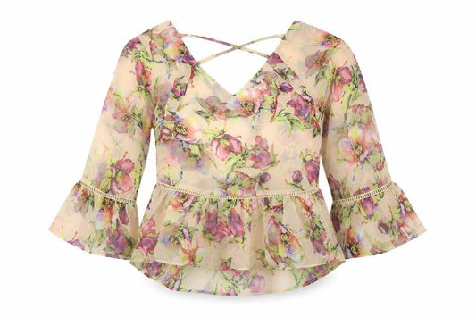 Front view of PRETTYLITTLETHING women’s beige floral polyester basic blouse, size UK 8, scoop neck