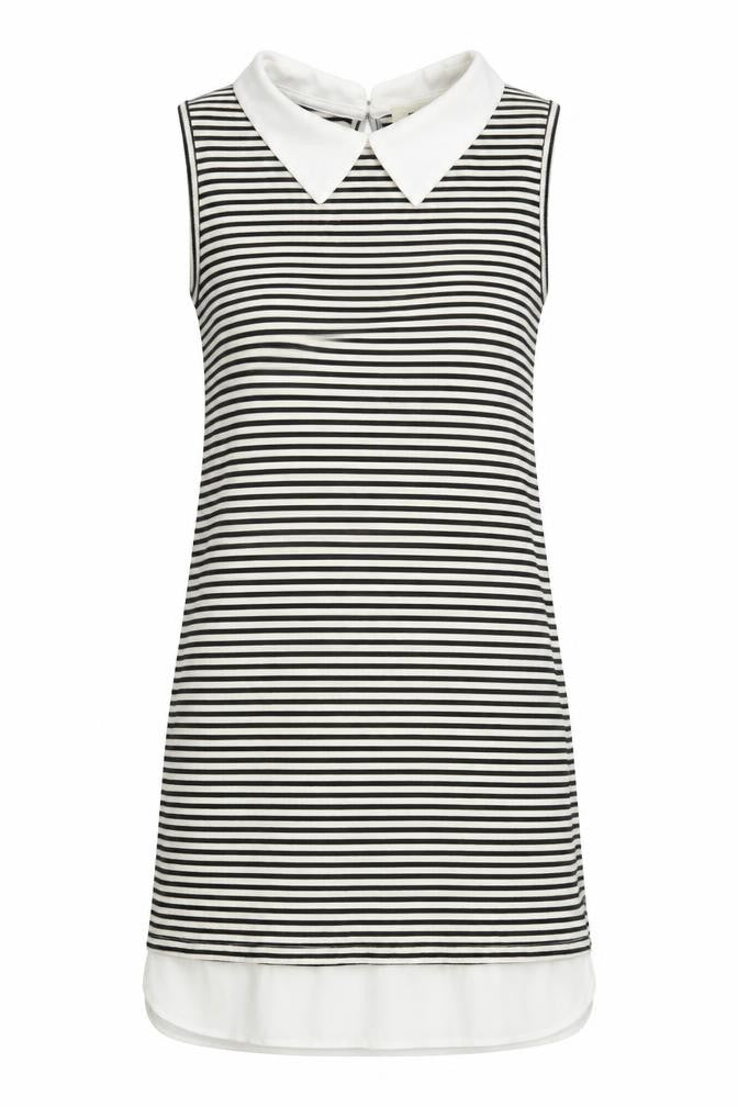 Front view of Monteau women’s white striped tunic blouse, size S, collared