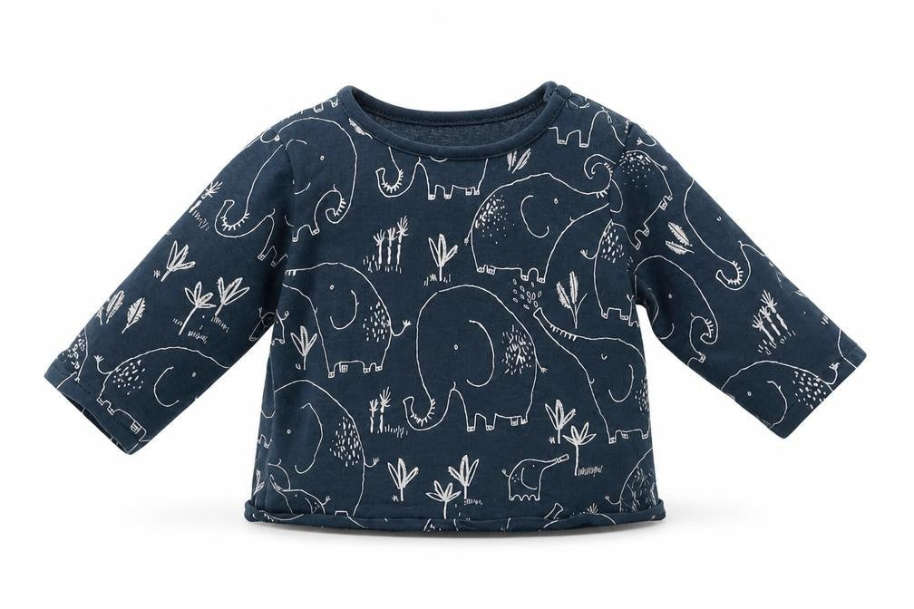 Front view of Next Baby Blue Geometric Cotton Basic Blouse, size 0-3, Months Crew Neck Snap - Cute Elephant