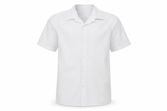 Front view of Marks & Spencer boys’ white polyester basic button-up, size 8-9, years collared