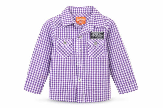 Front view of Funk Jeans Baby Purple Plaid Cotton Basic Button-Up, size 12, Months Collared