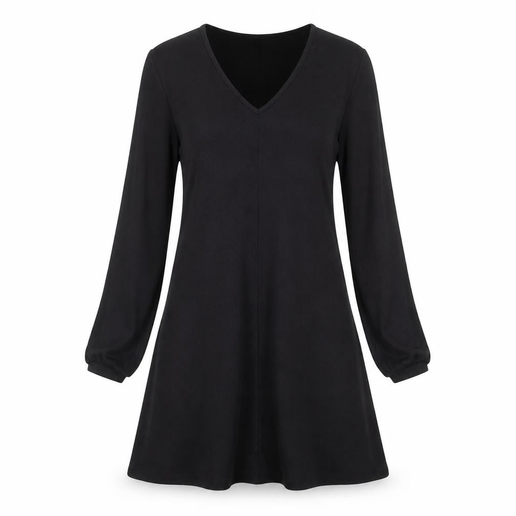 Front view of Nutmeg women’s black polyester shift, size UK 10, v-neck