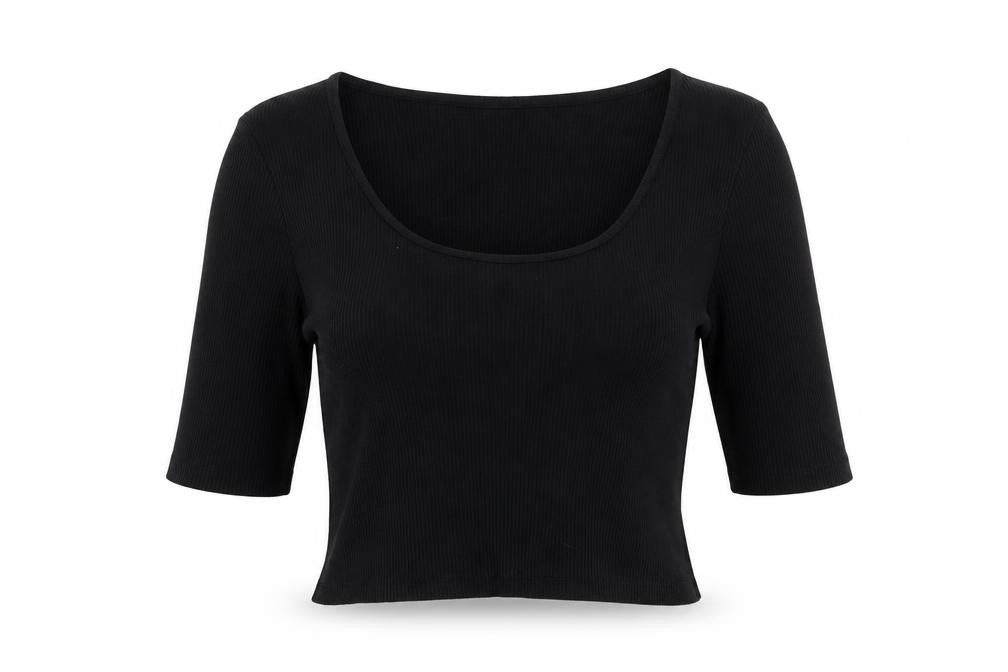 Front view of H&M women’s black viscose basic blouse, size M, round neck