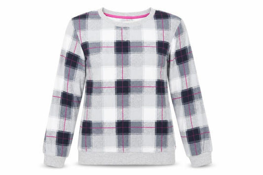 Front view of Next women’s grey round neck check polyester jumper, size XS