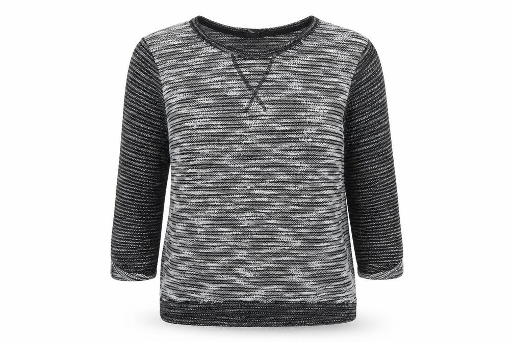 Front view of H&M women’s grey round neck striped polyester jumper, size M