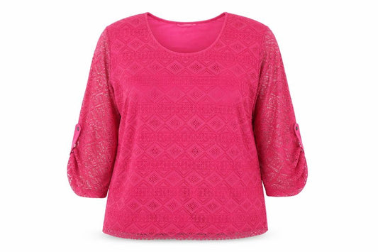 Front view of Roseanna women’s pink geometric polyester basic t-shirt, size 2XL, round neck