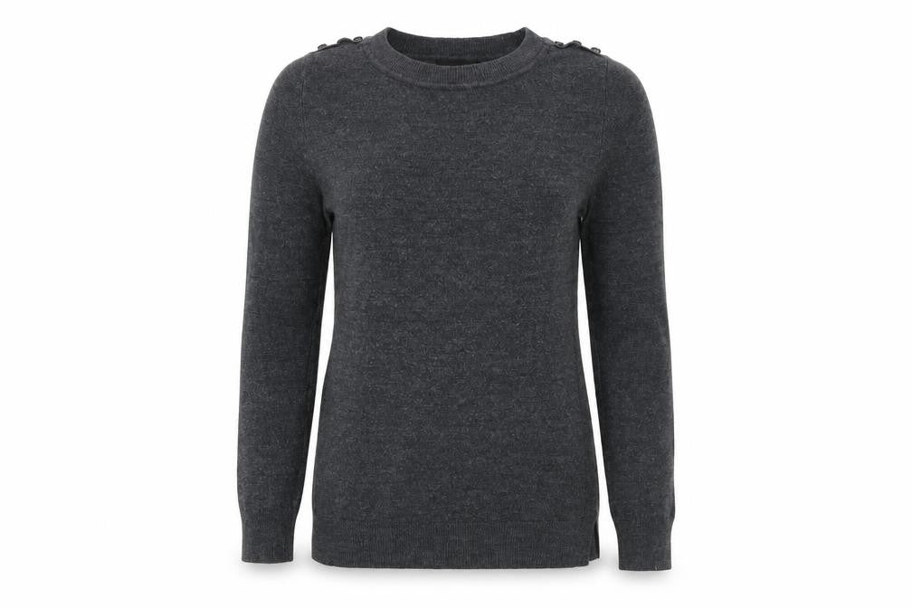 Front view of Primark women’s grey round neck acrylic jumper, size UK 8