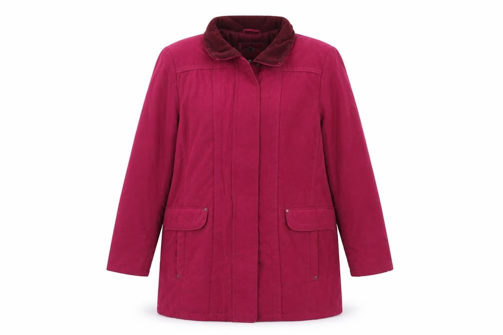 Front view of Isle women’s pink overcoat coat, size UK 16