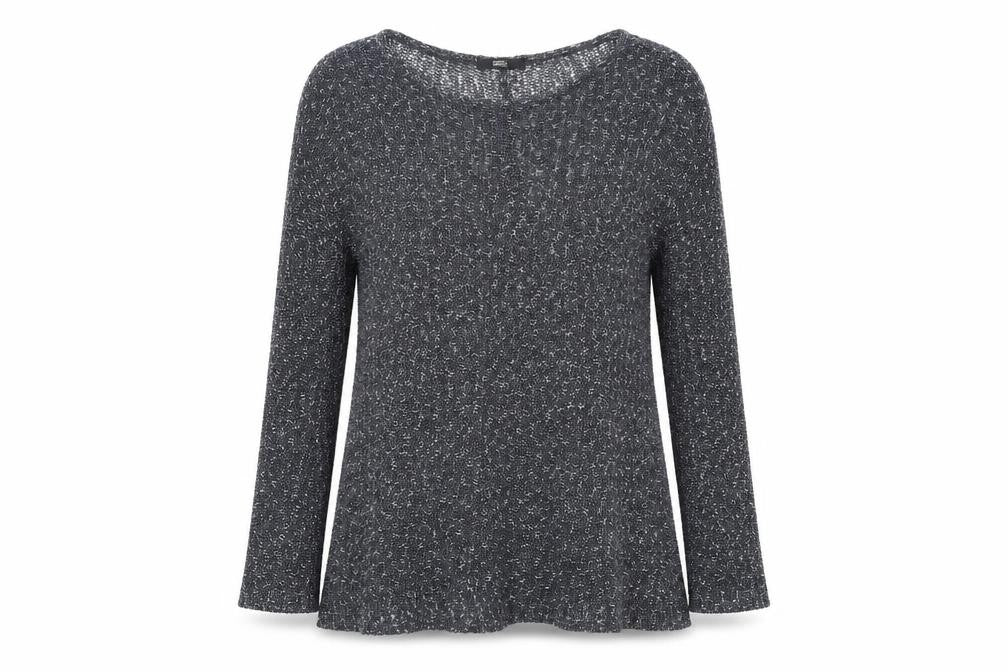 Front view of Marks & Spencer women’s blue round neck acrylic jumper, size UK 14