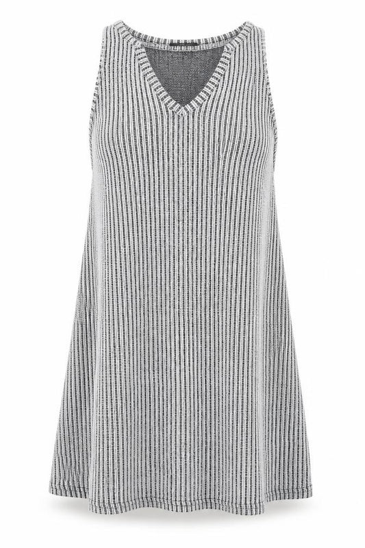 Front view of Primark women’s grey striped polyester mini, size UK 8, round neck