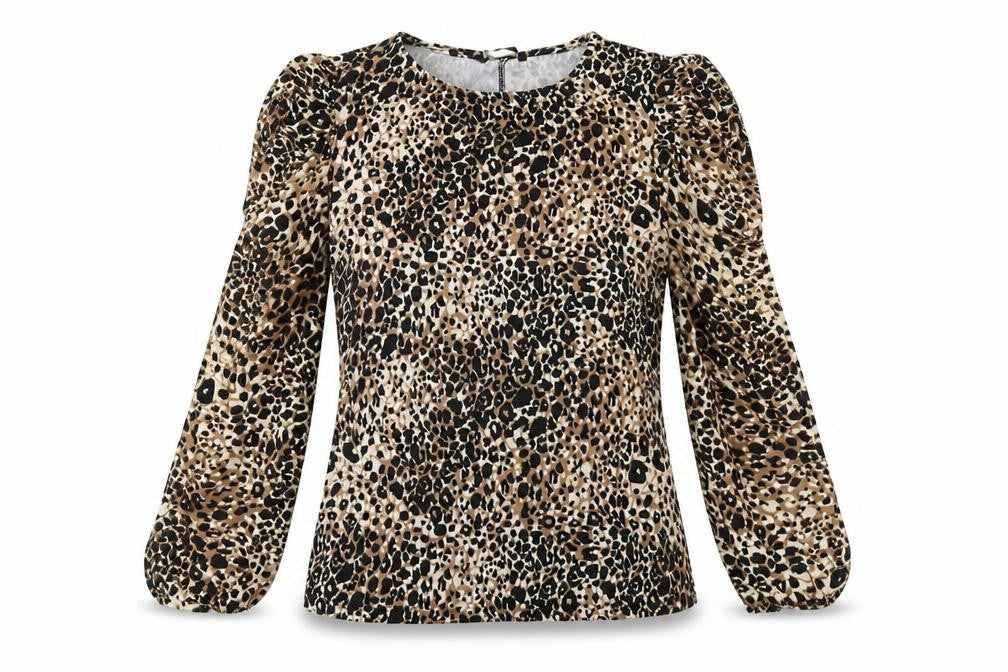 Front view of George women’s brown animal print cotton basic blouse, size UK 10, crew neck