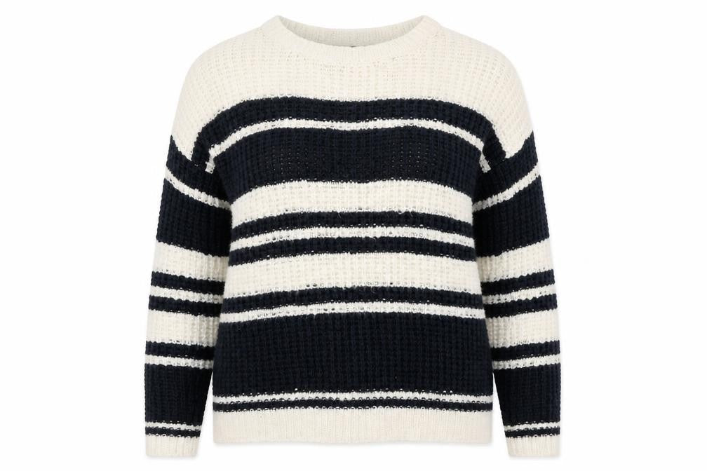 Front view of Newv Look women’s blue crew neck striped acrylic jumper, size UK 16