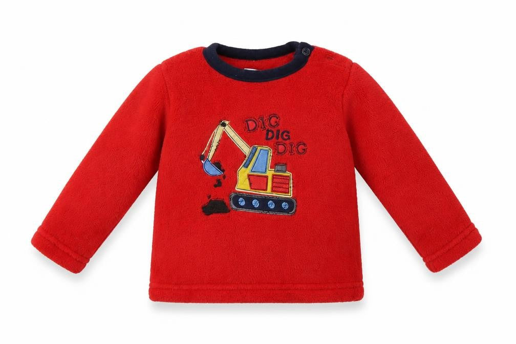 Front view of Early Days Baby Red Polyester Pyjama Top, size 12-18, Months Button - Digger