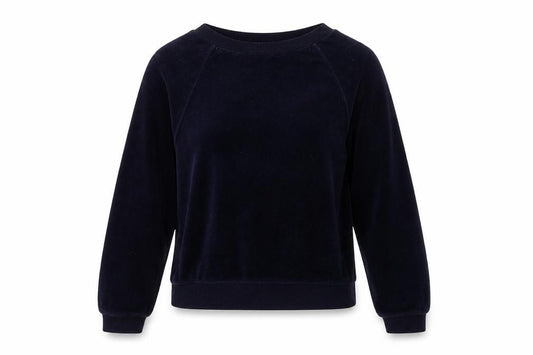 Front view of New Look women’s blue cotton pullover sweatshirt, size UK 6