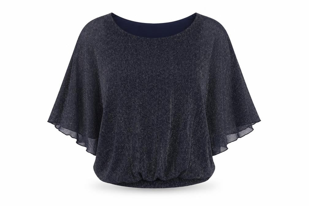 Front view of Dorothy Perkins women’s blue nylon basic blouse, size UK 10, crew neck