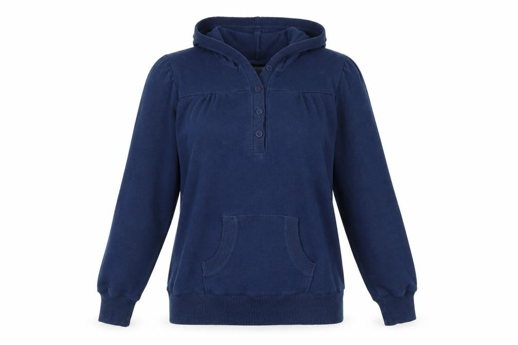 Front view of Night & Day women’s blue cotton henley hoodie, size M, button