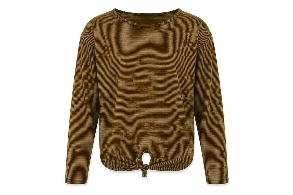 Front view of Miss E-Vie girls’ yellow crew neck striped polyester jumper, size 13-14, years