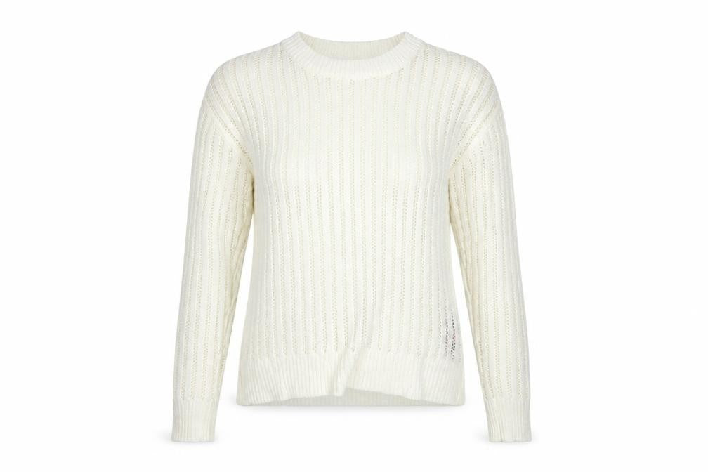 Front view of Primark women’s white round neck acrylic jumper, size XS