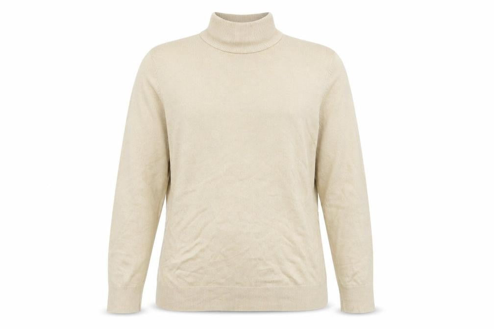 Front view of BHS women’s beige mock neck acrylic jumper, size UK 14